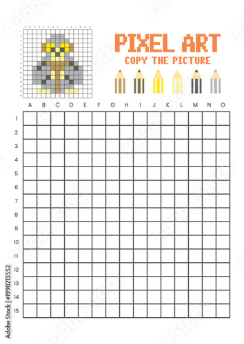 Copy the picture grid drawing worksheet for kids. Pixel art gibbon