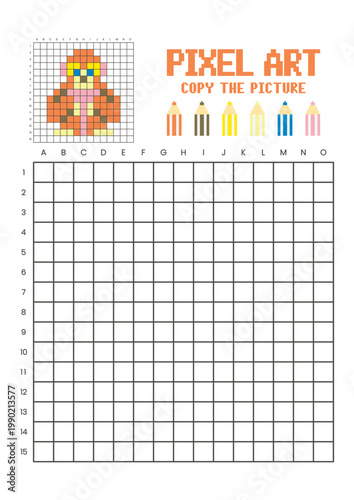 Copy the picture grid drawing worksheet for kids. Pixel art gibbon