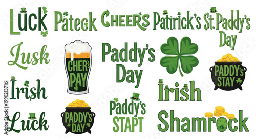 St. Patrick's Day Irish Luck Symbols: Shamrock, Pot of Gold, Beer, Lucky Clover
