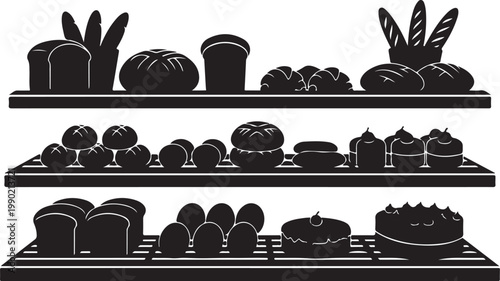 Black silhouette bakery shelves with various bread