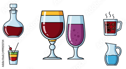Set of colorful alcoholic and non-alcoholic drinks in stylized illustrations on white background