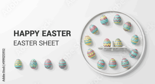 Happy Easter Decorated Eggs Arranged in a Circle on a White Shelf, Festive Spring Holiday Concept