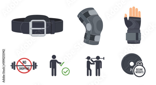 Fitness Accessories and Workout Icons Set: Belt, Knee Pad, Wrist Wrap, Dumbbell Icon, Training