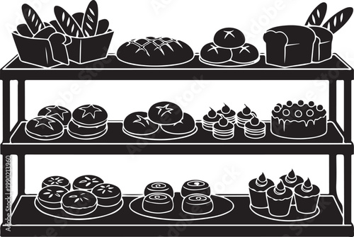 Black and white of desserts on a three tiered shelf cakes