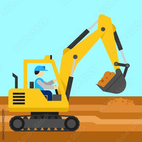 Yellow excavator with driver digging dirt construction site.