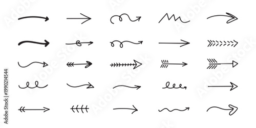 Hand drawn black arrows with various wavy and straight shapes for infographic design and creative stationery.