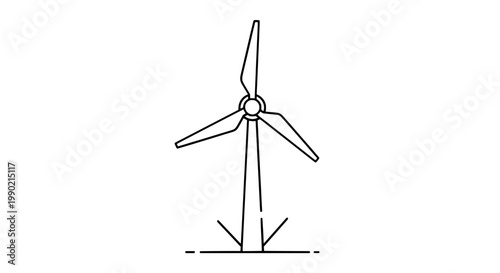Windmill icon with thin black line art, circular hub and four blades, simple outline symbol for renewable energy design