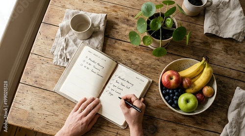 Morning Routine Desk Scene with Fruit Plant and Notebook in Natural Light
