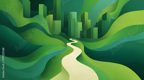 Green Landscape Abstract: An abstract landscape showcases a winding path leading towards a city with a palette of varying green shades. conveying a sense of serenity.