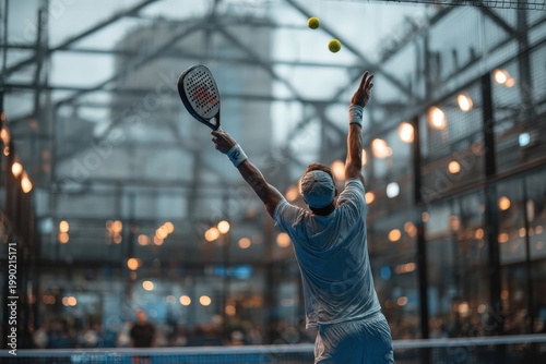 Male athlete in white sportswear serves padel ball during match inside a modern indoor court with illuminated structure and spectators in the background