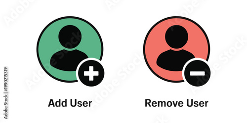 Add user and remove user vector icons. user profile symbol. user with plus and minus sign in circle.