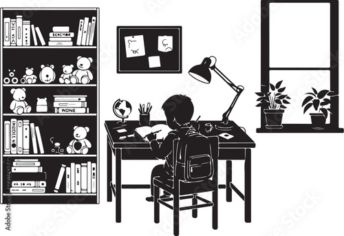 Black and white of a child sitting at a desk in a bedroom