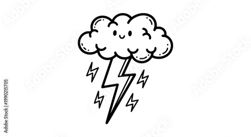 Cloud lightning doodle icon with cartoon storm lines and electricity flashes for weather forecast graphics