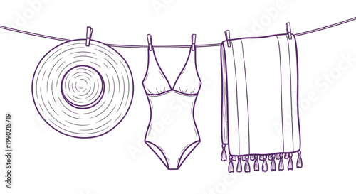 Summer beach accessories dried on a rope. Straw hat, woman one piece swimsuit and blanket hanged wet with clothespins. Summer theme vector illustration in ink doodle hand drawn line art style.