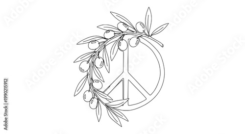 Peace dove wreath line art with olive branch leaves and circular peace symbol for minimal spring greeting card design