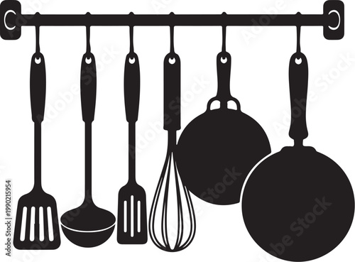 Kitchen utensils and pans hanging on a rack cooking utensils