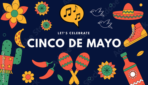 Vibrant cinco de mayo graphic design with festive elements and text on dark blue background