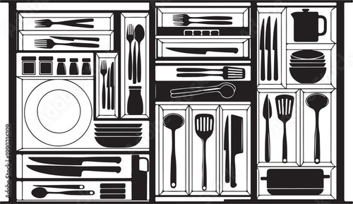 Kitchen utensils and dishes organized in cabinet drawers