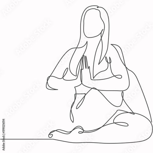 Long haired woman doing yoga meditation exercises - one continuous line art illustration