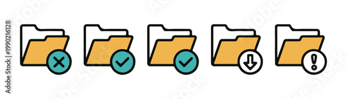 Variety of folder icons with different status symbols, depicting file operations and outcomes.