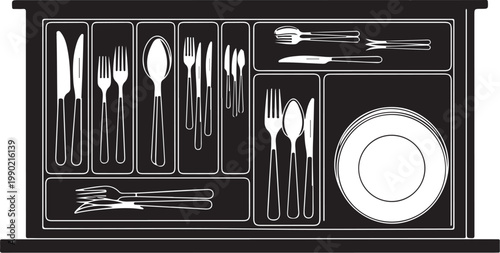 Black and white cutlery and plate on tray silverware utensils