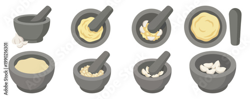 MORTAR PESTLE - Stone bowl crushing garlic into a smooth paste  Flat Vector Illustration on Transparent Background
