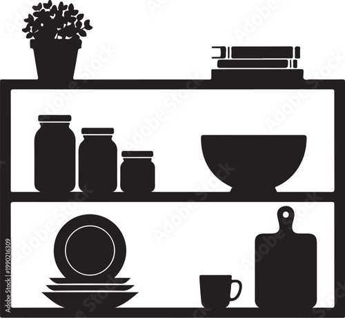 Black silhouette kitchen shelf with dishes and books