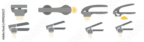 GARLIC PRESS - Stainless steel crusher with minced garlic extruding  Flat Vector Illustration on Transparent Background
