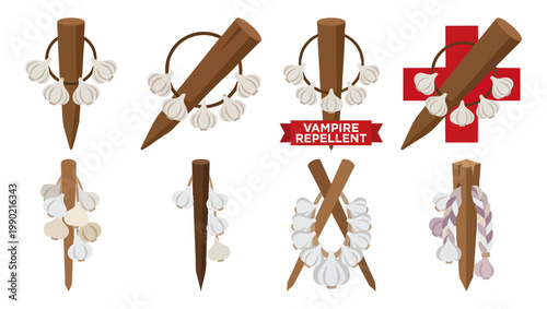 VAMPIRE REPELLENT - Garlic necklace draped over a wooden stake  Flat Vector Illustration on Transparent Background