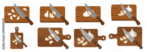 CHOPPING BOARD - Knife slicing garlic cloves on a wooden surface  Flat Vector Illustration on Transparent Background