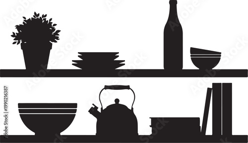 Black silhouette kitchen shelf with dishes and tea set books