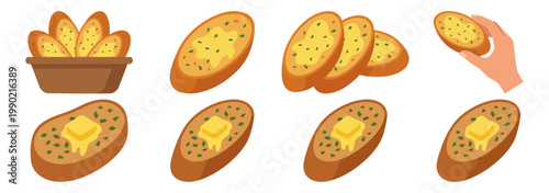GARLIC BREAD - Toasted baguette slice topped with herbs and butter  Flat Vector Illustration on Transparent Background