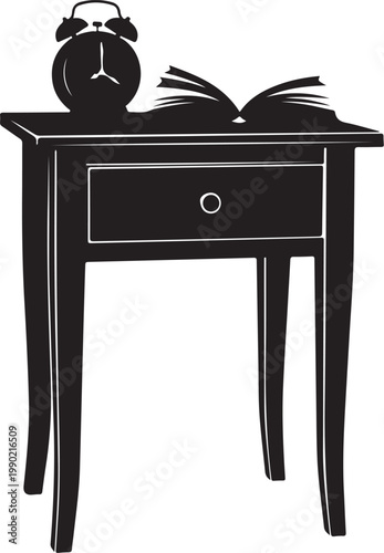 Black and white of a nightstand with an alarm clock and book
