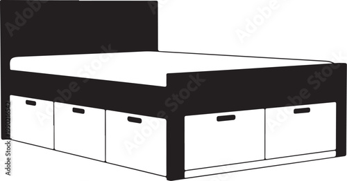Black and white of a bed with storage drawers furniture