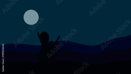 Halloween Night Background with Full Moon, Person Silhouette on Hill and Dark Landscape Vector Illustration