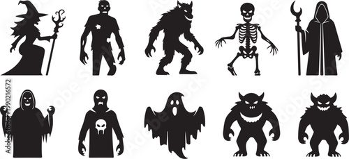 Halloween icons, monster silhouettes, black vector set isolated on Transparent Background