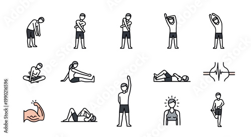 Fitness Icons Set: People Exercising, Stretching, and Building Muscle