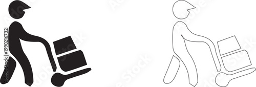 Porter Pushing Luggage Cart Icon Set - Hotel Bellboy Service, Baggage Handler and Travel Assistance Symbol in Black and White Line Art