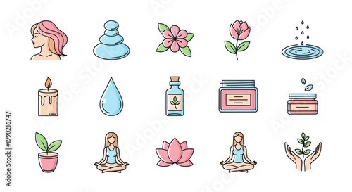 Spa and Wellness Icons Set: Beauty, Relaxation, Yoga, Nature Elements