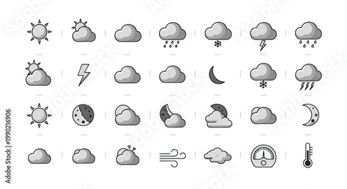 Weather Icons Set: Sun, Clouds, Rain, Snow, Thunderstorm, Moon, Wind, Thermometer