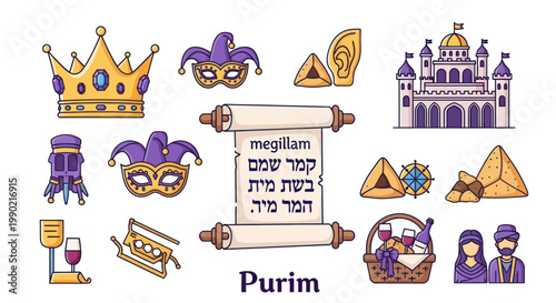 Purim Symbols Collection: Crown, Masks, Scroll, Castle, Hamantaschen, Basket