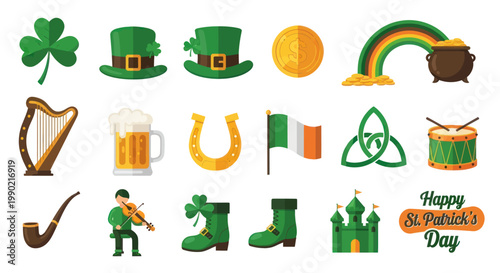 Saint Patrick's Day Symbols Collection: Shamrock, Hat, Gold, Rainbow, Harp, Beer, Horseshoe, Flag, Trinity Knot, Drum