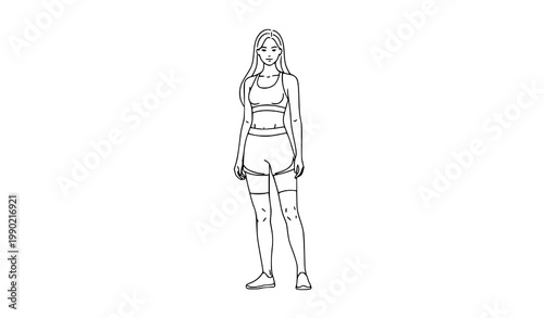 Line art drawing of a woman in athletic wear with long hair athletic exercise lifestyle training sportswear silhouette minimalist healthy lifestyle confident