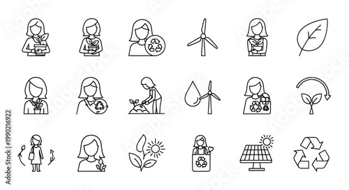Eco-friendly Icons: Women, Recycling, Renewable Energy, Plants, Sustainability