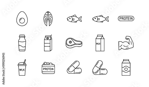 Protein rich food icons: eggs fish meat milk supplements with fitness food protein sources supplement nutrition bodybuilding strength breakfast container collection healthy eating