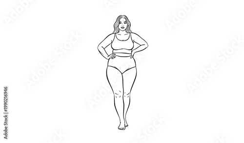 Body positive illustration of a confident woman with curves standing black and white line art self love body diversity beauty standards illustration confident silhouette acceptance plussize