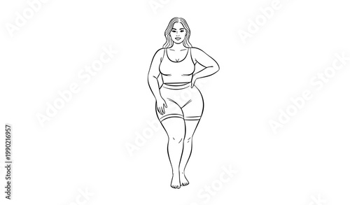 Body positive illustration of a confident curvy woman in a swimsuit black and white line art self love body diversity human body illustration confident silhouette acceptance plussize