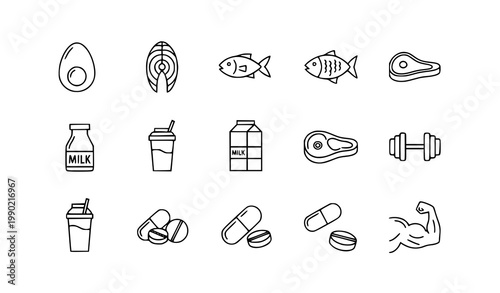 Healthy food and fitness icon set eggs fish steak milk drinks dumbbells with weight loss nutrition smoothie dumbbell exercise bodybuilding supplements vitamins lifestyle illustration