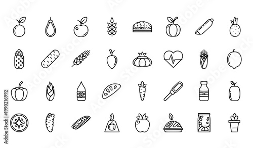 Healthy food and drink icons set with ice cream pie chart organic food vegetable pineapple strawberry heartbeat measuring nutrition wellness ingredients beverage