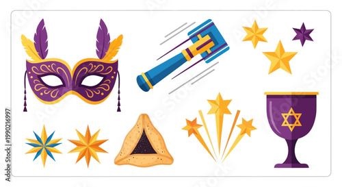 Purim Celebration Icons: Mask, Hamantaschen, Grogger, Stars, Kiddush Cup
